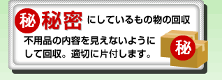 マル秘 秘密にしているもの物の回収不用品の内容を見えないようにして回収。適切に片付けます。