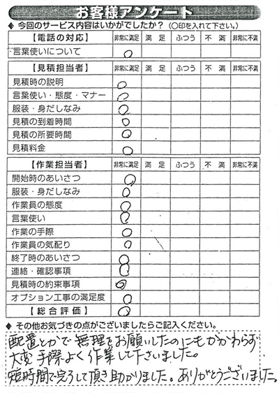 配置とかで無理をお願いしたのにも関わらず大変手際よく作業して下さいました。短時間で完了して頂き助かりました。ありがとうございました。